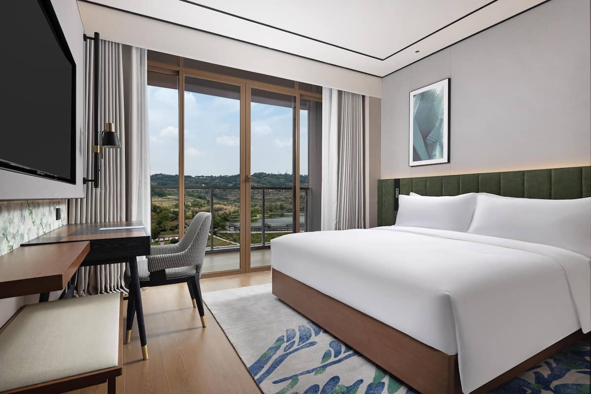 A hotel room with a large bed, a desk with a chair, a TV, and a view of a landscape.