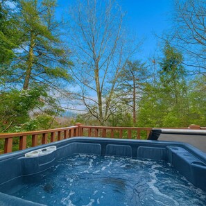 Ein Whirlpool, umgeben von Bäumen und einer Holzterrasse.