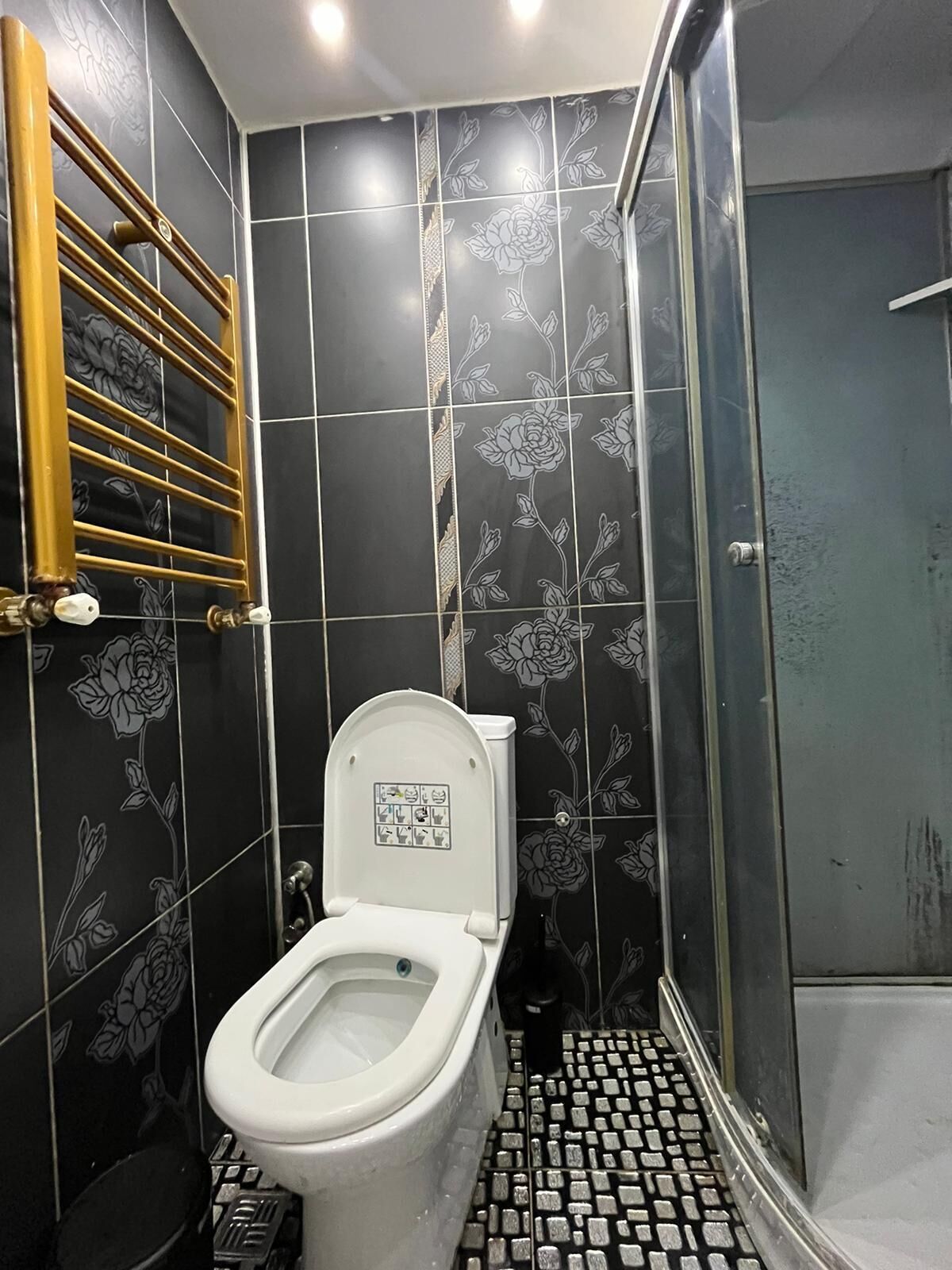 A bathroom with a toilet, a shower, and a towel rack.