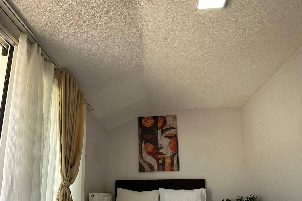 A hotel room with a large bed, a headboard, a painting on the wall, a window with curtains, and a potted plant.