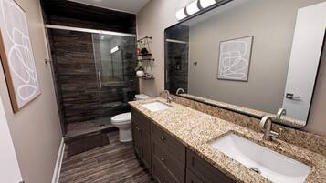 Shower, towels, soap, toilet paper
