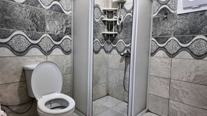 Une salle de bain avec des toilettes, une douche et des murs carrelés.