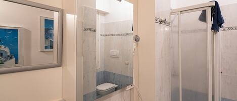 Shower, hair dryer, bidet, towels