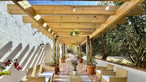 Ein überdachter Patio-Bereich mit Korbmöbeln, Topfpflanzen und einem gemusterten Teppich.