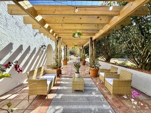A covered patio area with wicker furniture, potted plants, and a patterned rug.
