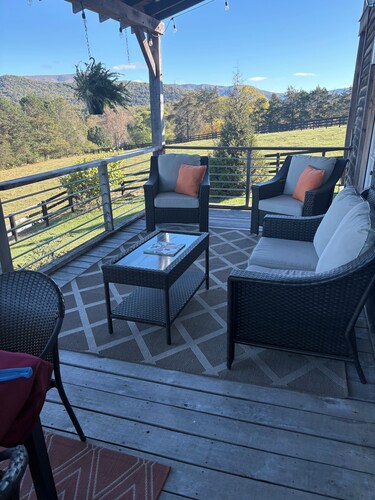 Romantic Couples Getaway | Rustic Post & Beam Cabin with Mountain Views Escape to this immaculate post-and-beam cabin nestled on 42 peaceful acres of rolling pasture and cedar forest — perfect for a romantic retreat!
