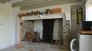 Ein rustikaler Raum mit Kamin aus Stein, einer Holzablage mit Gläsern, einem Holzstapel und einer Waschmaschine.