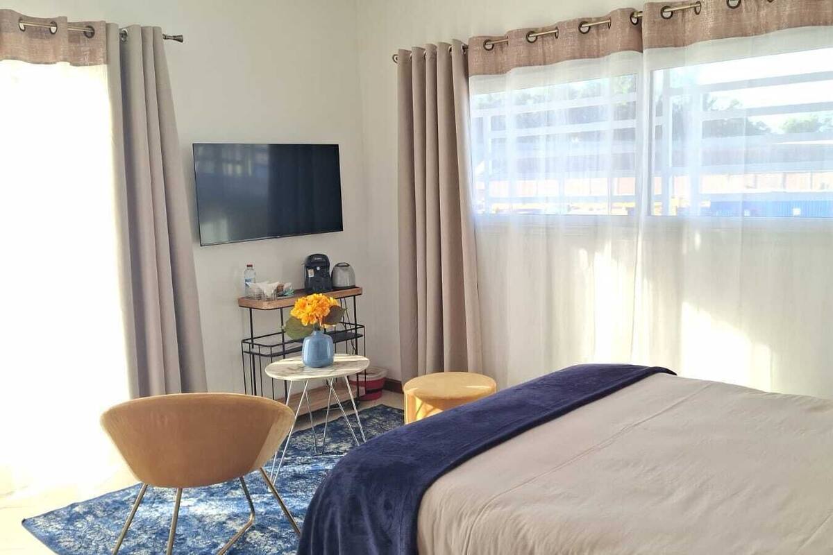 A hotel room with a bed, a TV, a small table with a vase of flowers, two chairs, and a window with curtains.