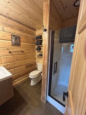 Hair dryer, towels, toilet paper