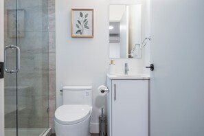 Secador de cabelo, toalhas de banho, sabonete, papel higiênico