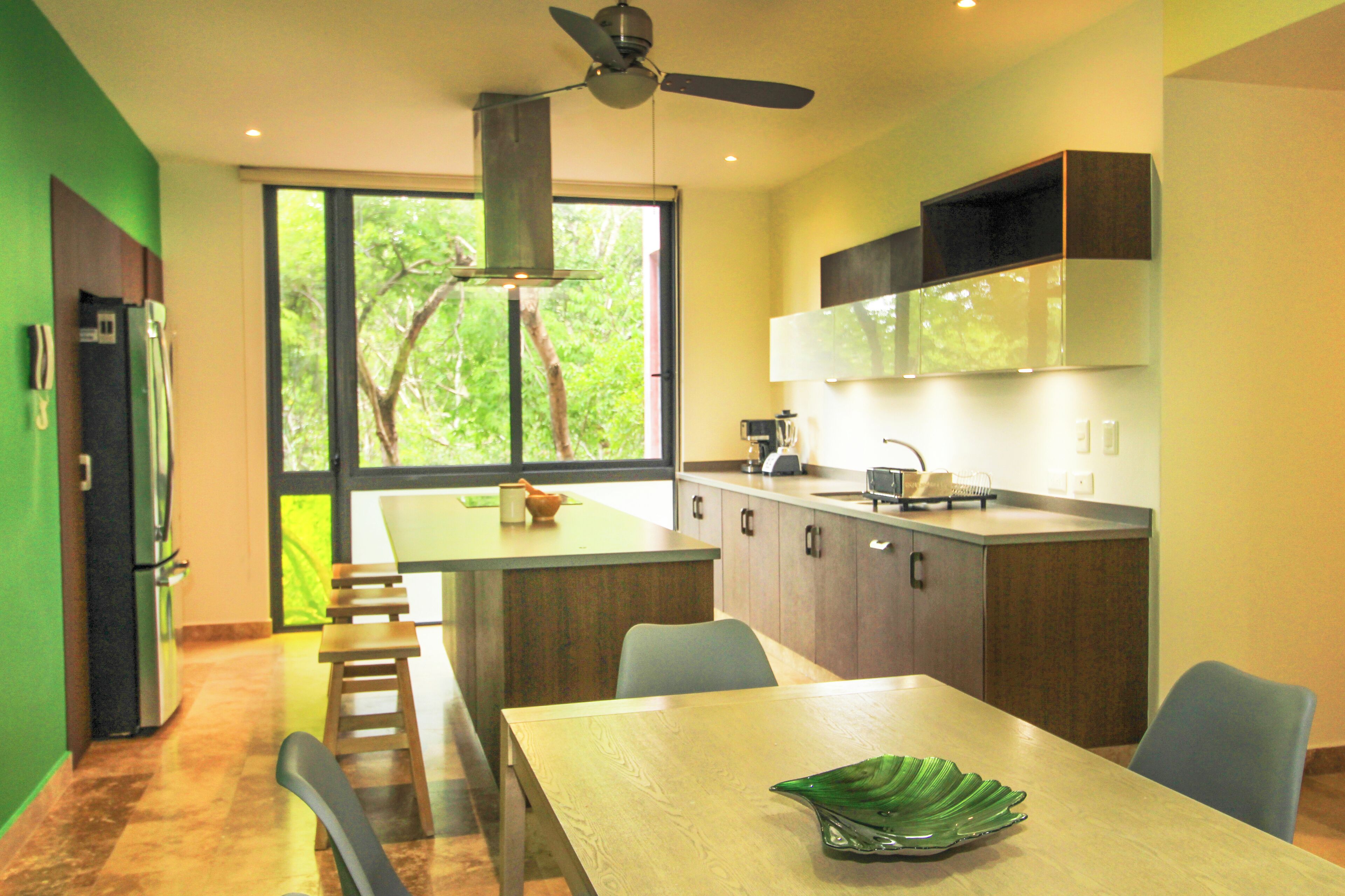 Espresso maker, dining tables, kitchen islands