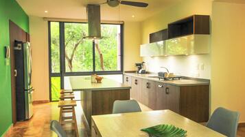 Espresso maker, dining tables, kitchen islands