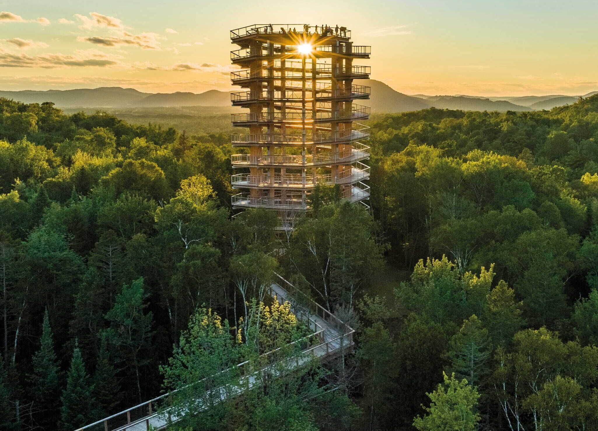 Useita kerroksia sisältävä tornimainen rakennelma, jonka ympärillä on tiheä metsä.