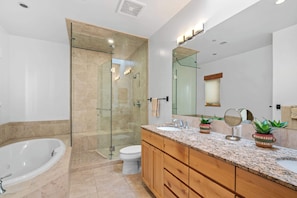 Shower, hair dryer, towels, shampoo