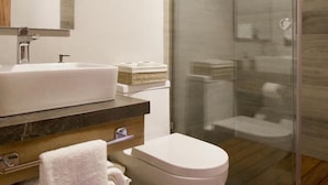 A modern bathroom with a glass-enclosed shower, a white toilet, and a vanity with a large mirror. - Hotel Bravo (Valle de Bravo)