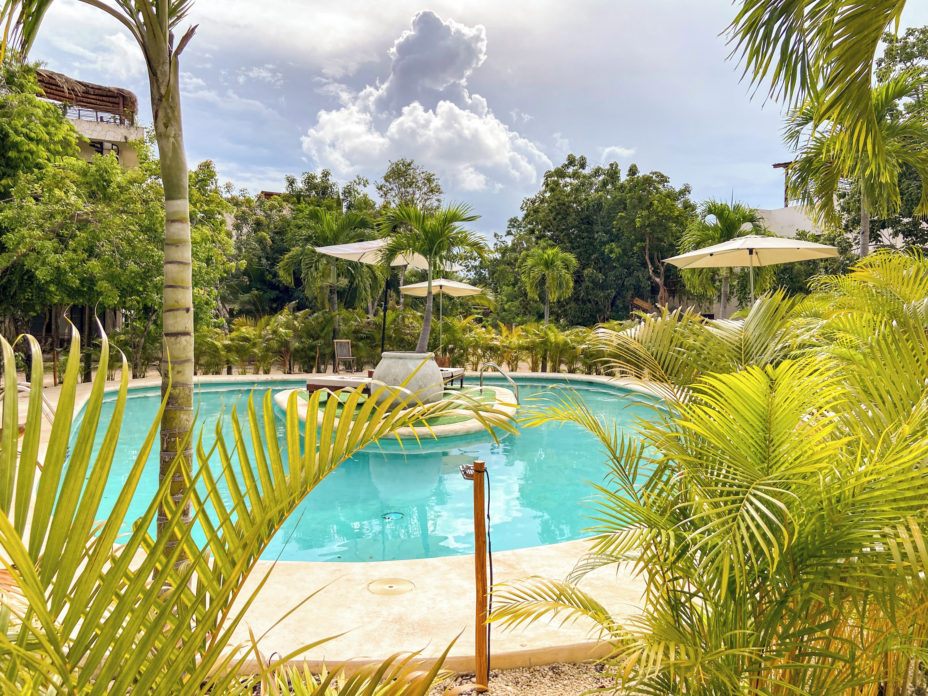 Une piscine entourée de palmiers et de parasols, avec un fauteuil de relaxation et un bac à fleurs en pierre à proximité.