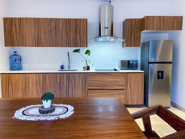 Design Apartment, 2 Bedrooms, Balcony, Garden View | Private kitchen | Coffee/tea maker, dining tables - Private Pool Balcony in Aldea Zama (Tulum)