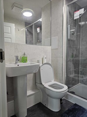 Shower, towels, toilet paper