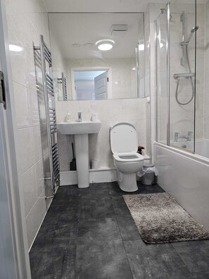 Shower, towels, toilet paper