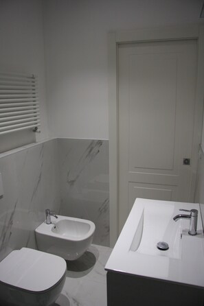 Hair dryer, towels, soap, toilet paper