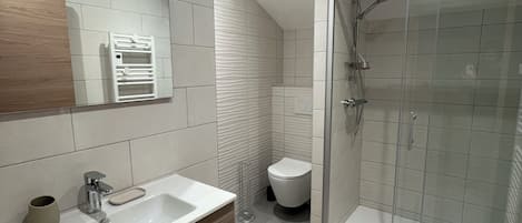 Shower, hair dryer, towels