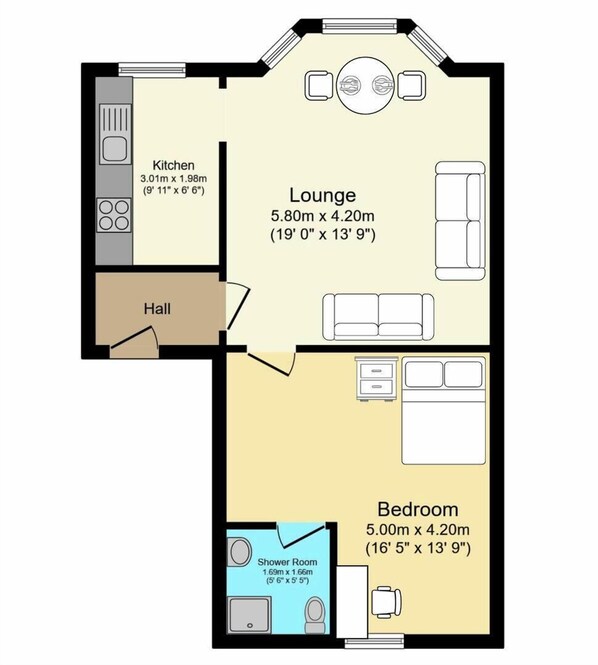 A floor plan of a hotel room with a kitchen, lounge, bedroom, and shower room. - Queens Cove With Seaviews By My Getaways (Worthing)