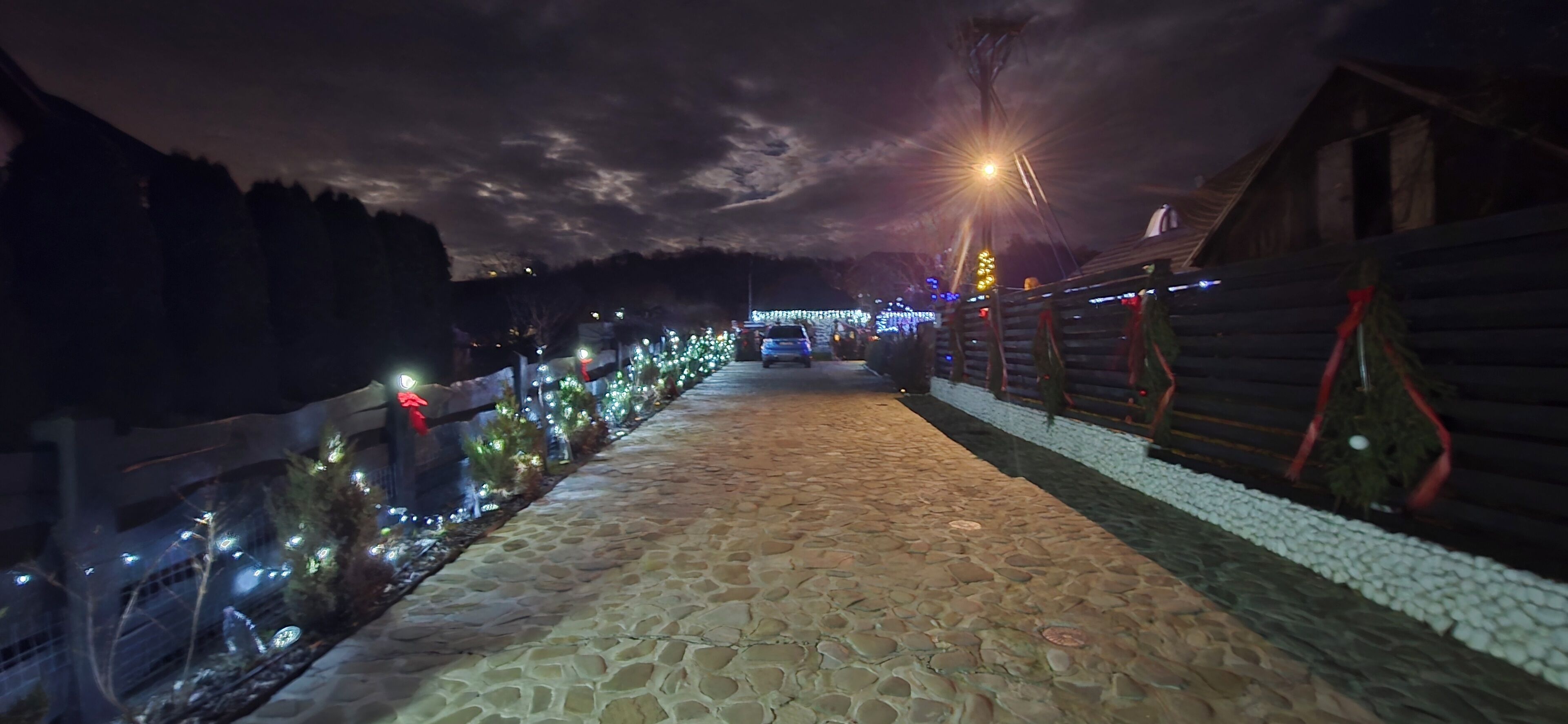A cobblestone pathway lined with trees and lights, leading to a wooden building.