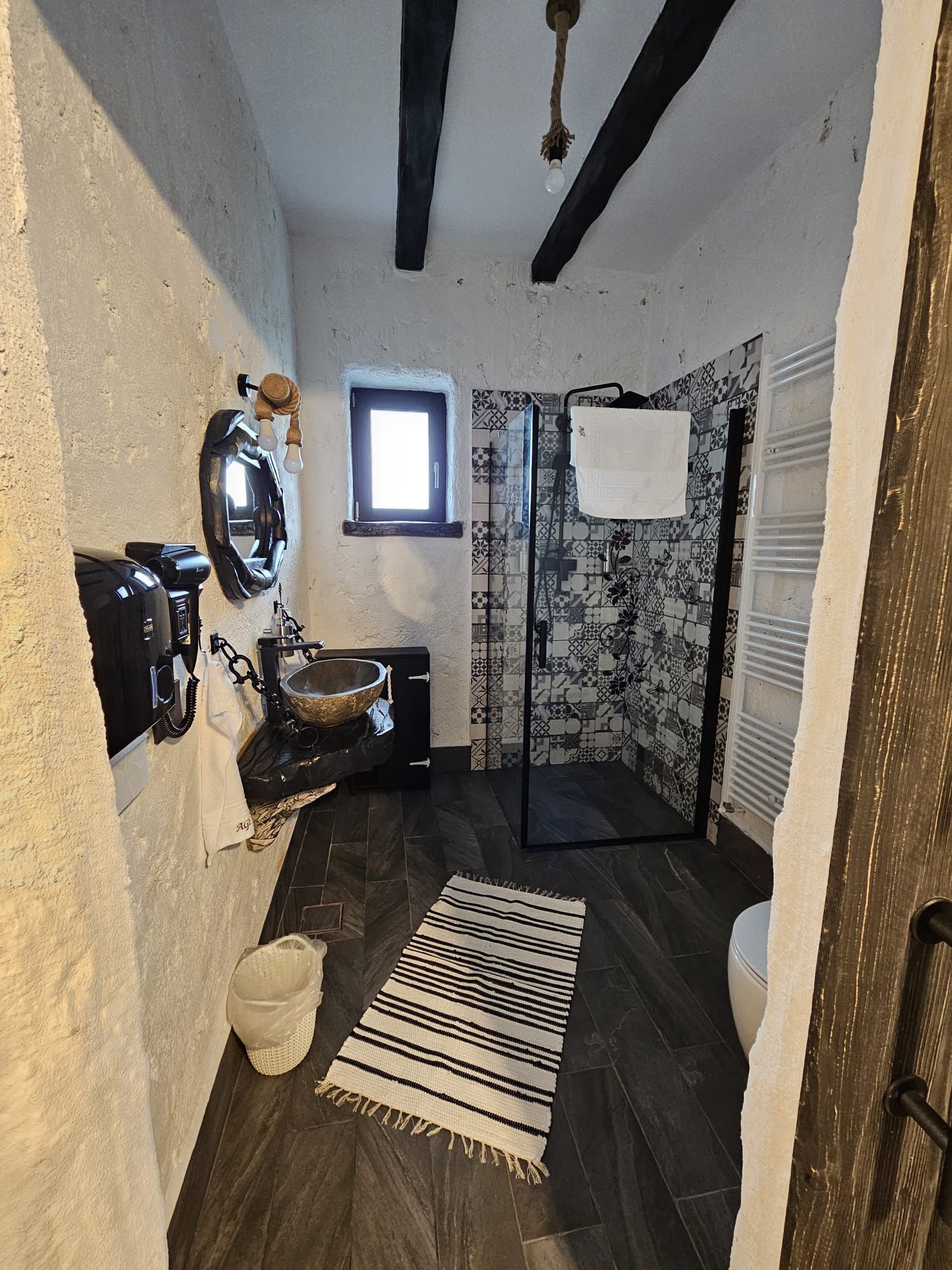 Shower, eco-friendly toiletries, hair dryer, towels