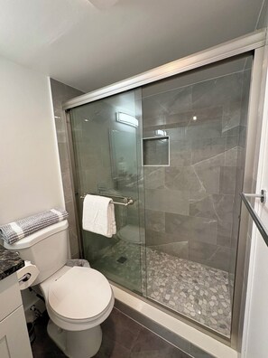Shower, hair dryer, towels, soap