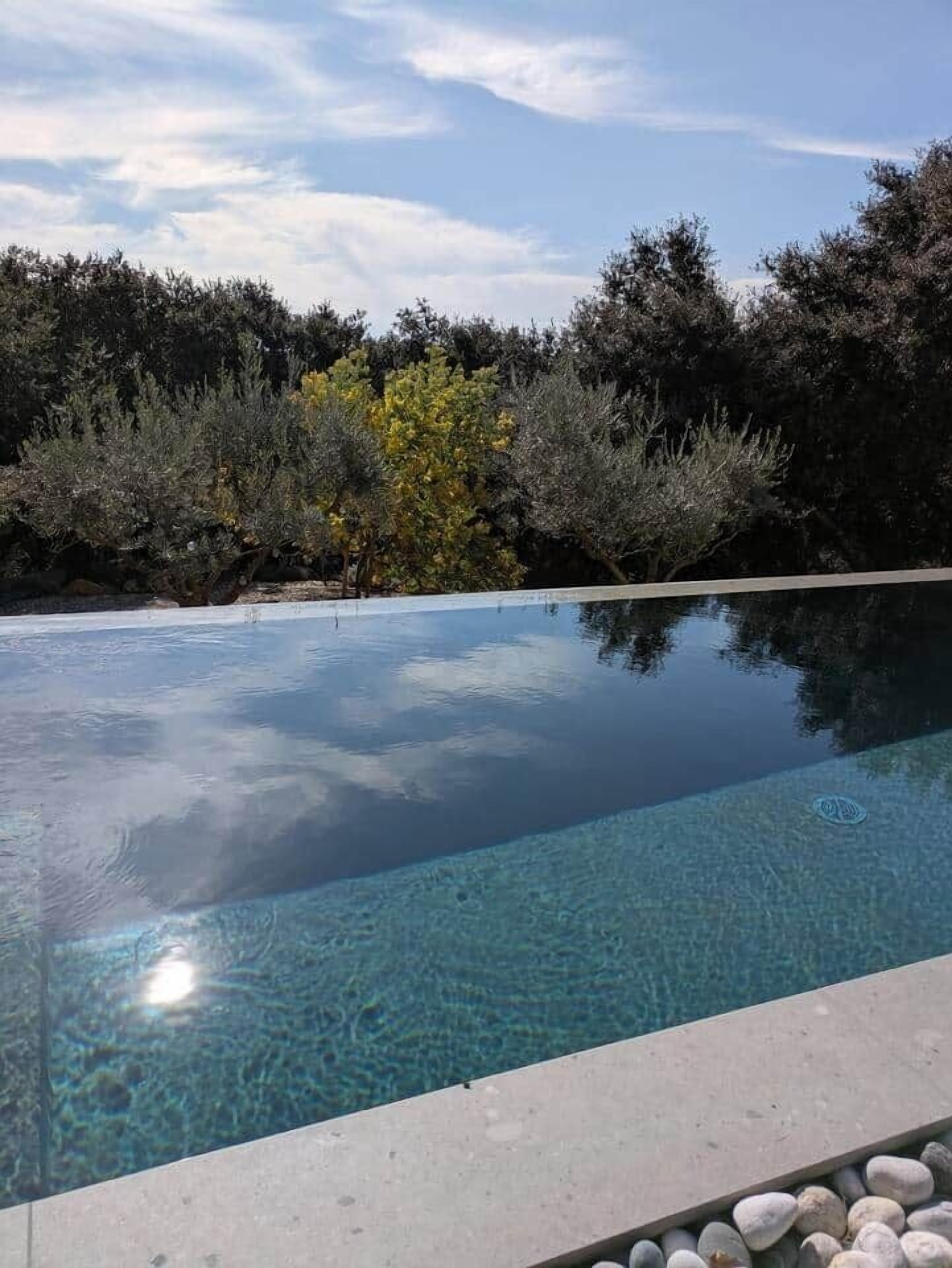 Piscina clara com borda de pedra, rodeada por vegetação densa e árvores.