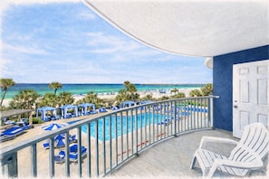 2 hồ bơi ngoài trời, dù/ô trên bãi biển/hồ bơi, ghế dài tắm nắng