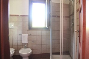 Shower, hair dryer, bidet, towels