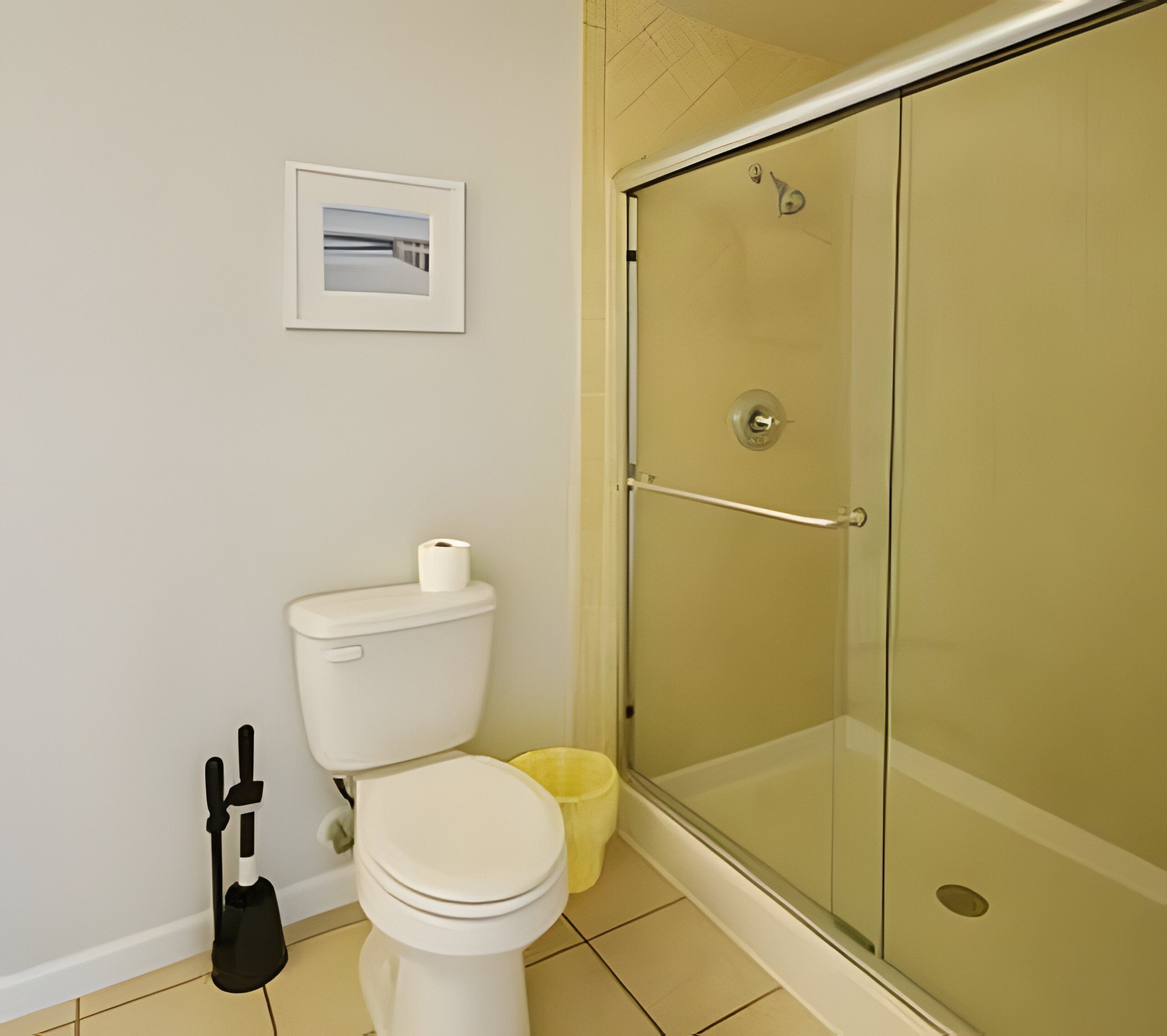 Ein modernes Badezimmer mit Toilette, einer Duschkabine aus Glas und einer kleinen Mülleimer.
