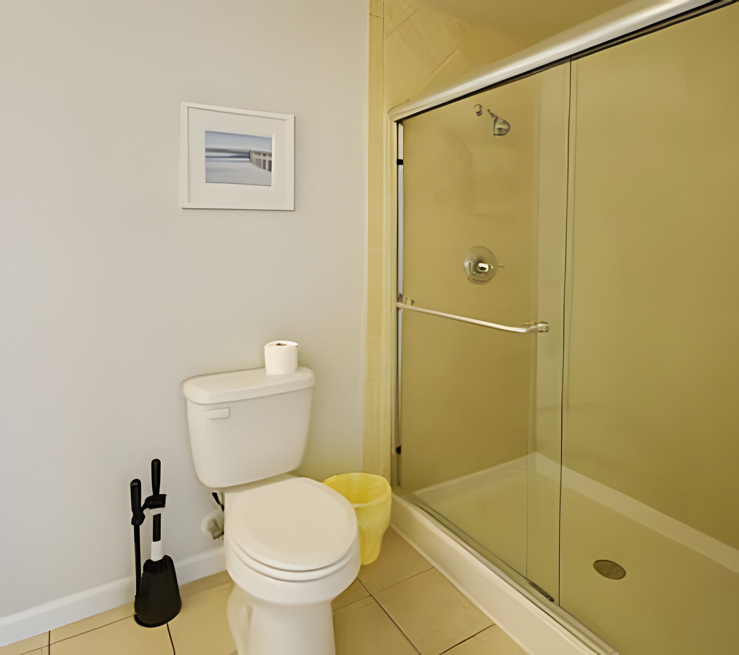 Ein Badezimmer mit Toilette, einer Duschkabine aus Glas und einem Bild an der Wand.