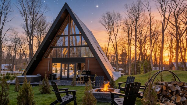 A modern A-frame cabin with a fire pit, outdoor seating, and a view of the sunset. - Pocono A-Frame Retreat • Lake • Hot Tub • Sauna (Coolbaugh Township)