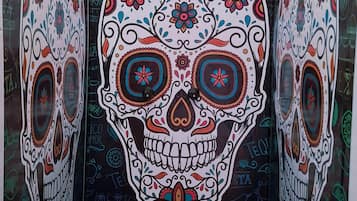 Shower, rainfall showerhead, towels, soap