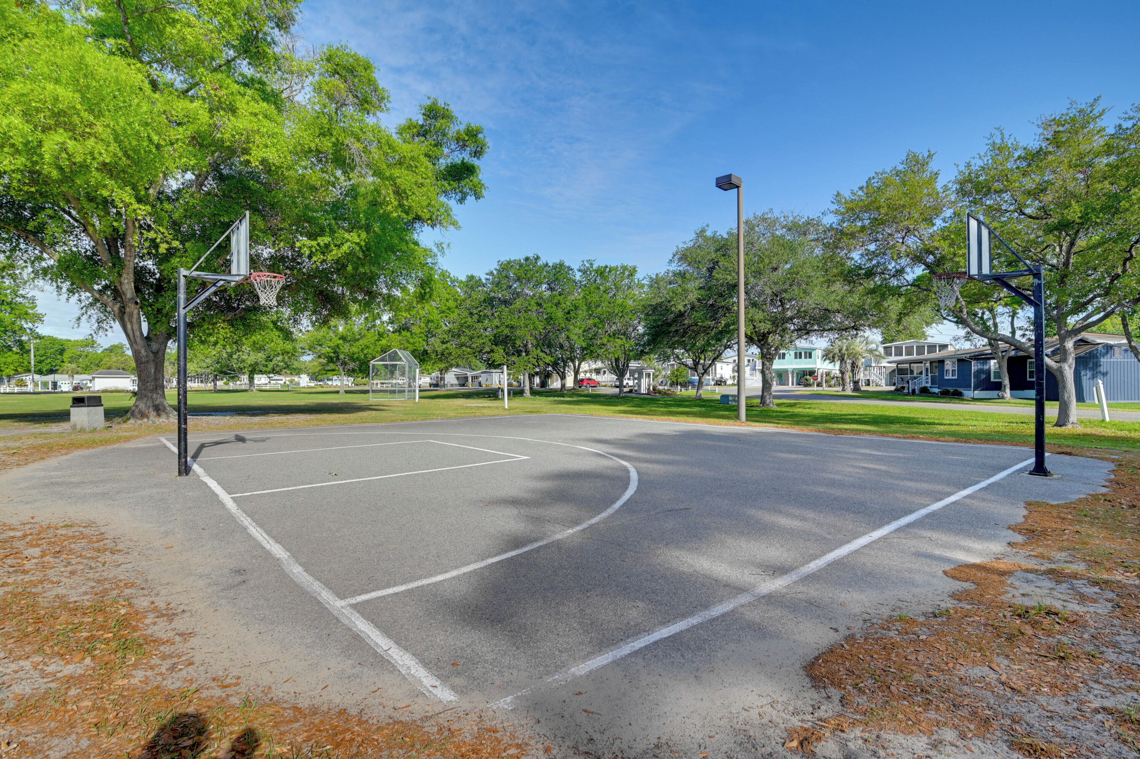 Un terrain de basket en plein air, avec un panier, entouré d’arbres et de maisons.