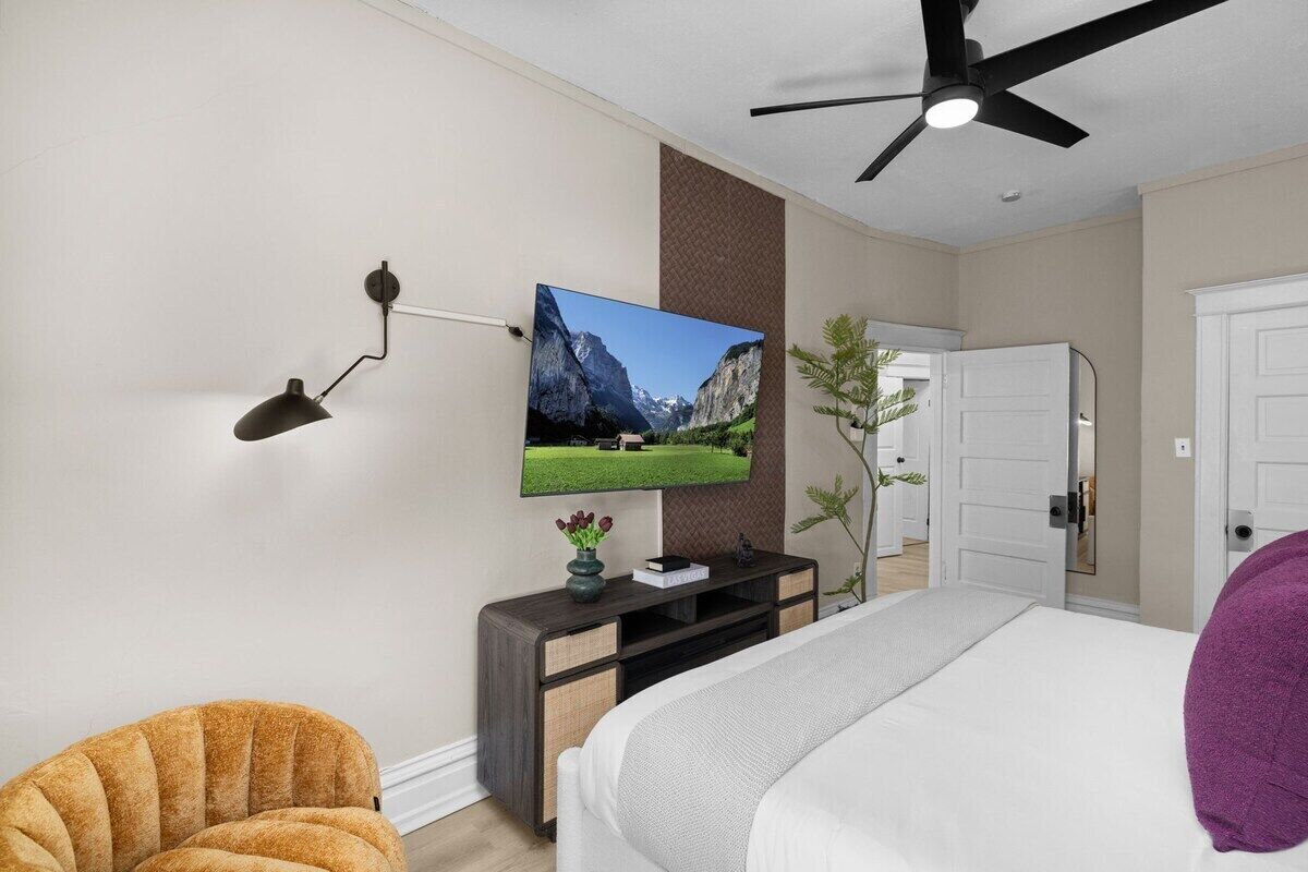 A modern hotel room with a bed, a television mounted on the wall, a ceiling fan, and a small plant on the nightstand.