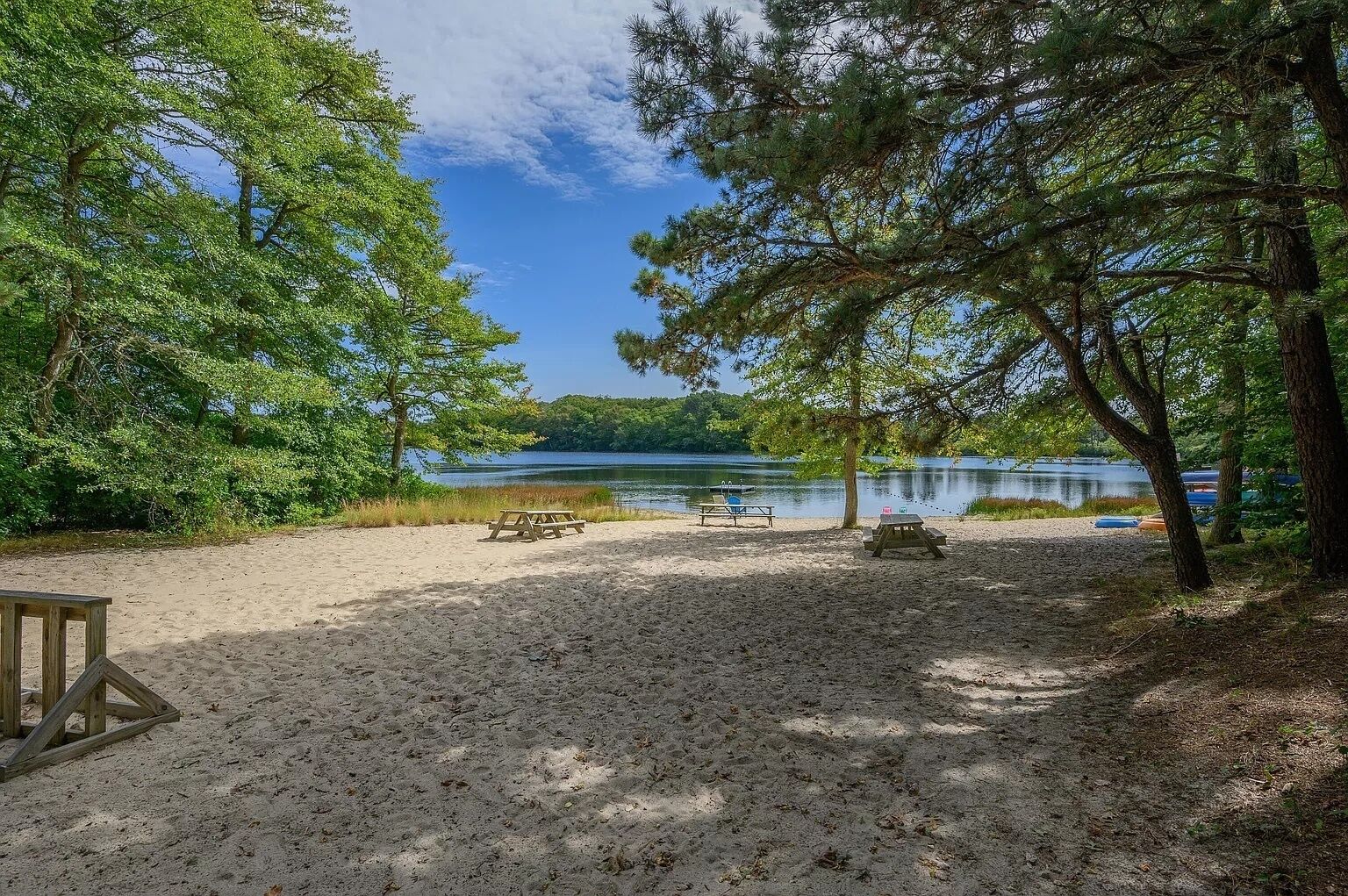 A sandy beach with picnic tables and a boat dock, surrounded by trees and a lake.