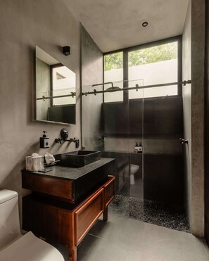 A modern bathroom with a large mirror, a black sink, a wooden vanity, a glass shower enclosure, and a toilet. - Siwa Jungle Rain A2-004 Beach Club Access (Tulum)