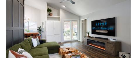 Smart TV, fireplace, video games, books