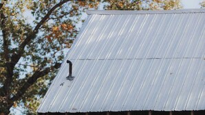 Een landelijk gebouw met een golfplaten dak en een muur waarop de tekst 