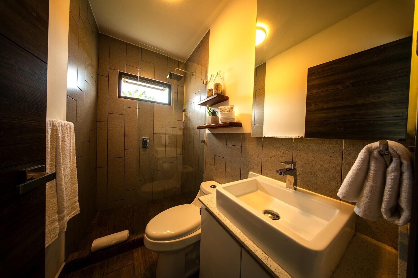 Hair dryer, towels, soap, shampoo