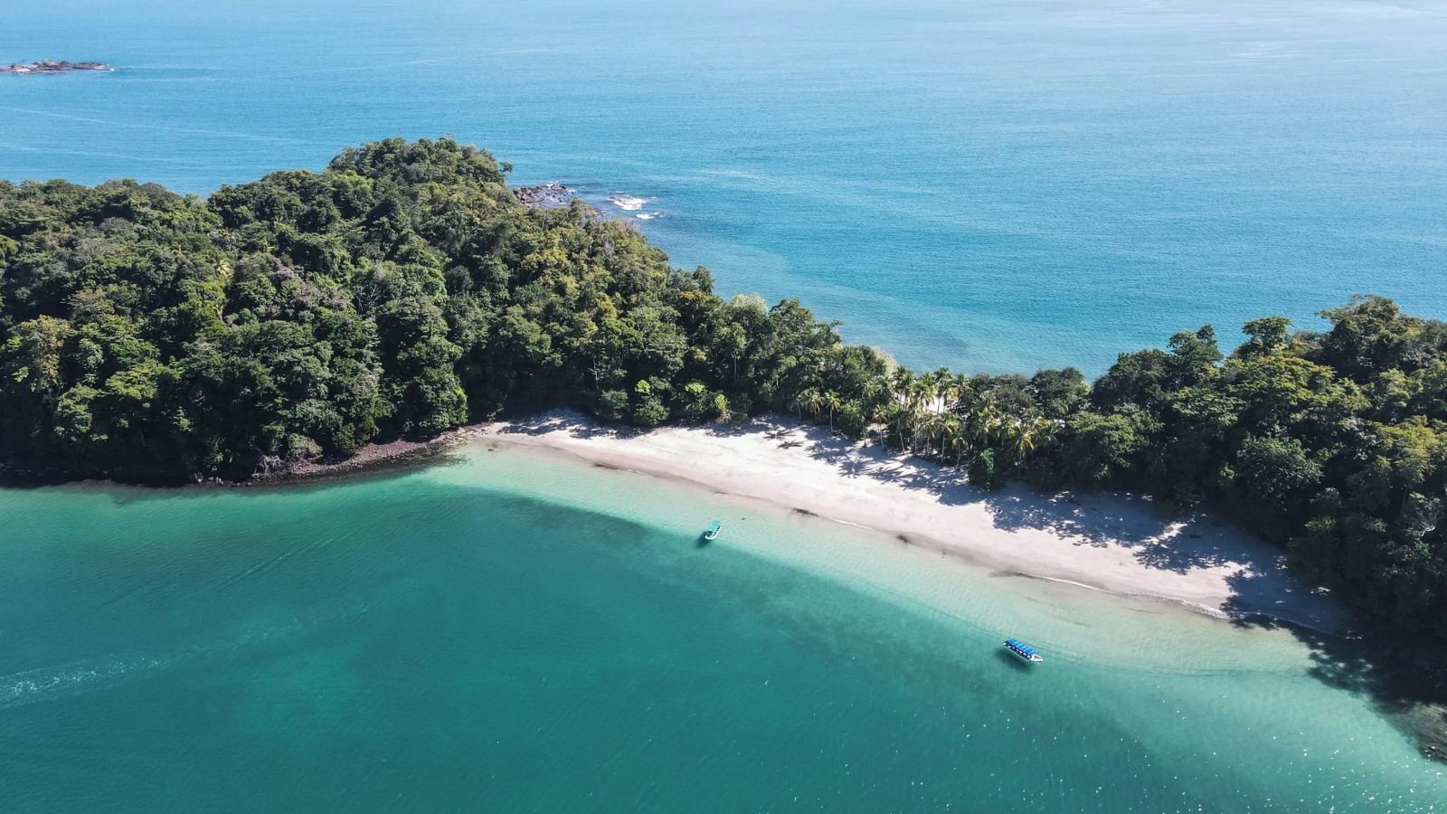Vista aérea de una playa tropical con aguas turquesas cristalinas, una orilla arenosa y abundante vegetación.