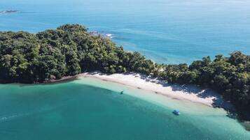 Vista aérea de una playa tropical con aguas turquesas cristalinas, una orilla arenosa y abundante vegetación.