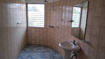 A bathroom with a shower, a sink, and a window.