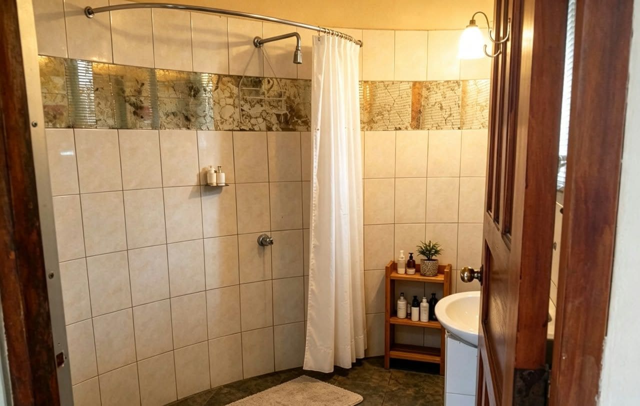 Une salle de bain avec une douche, un lavabo et une étagère contenant des articles de toilette.