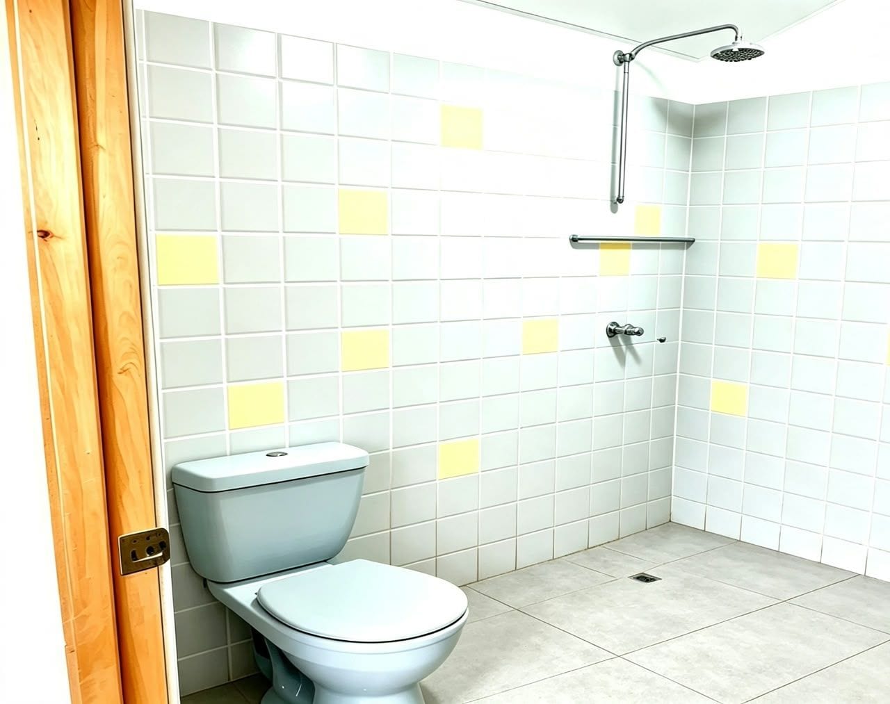 A bathroom with a toilet, a shower, and tiled walls.