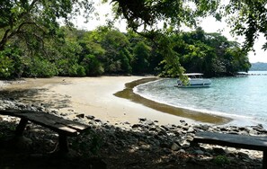 Une plage avec un bateau, entourée d’une végétation luxuriante et agrémentée d’un banc en bois.