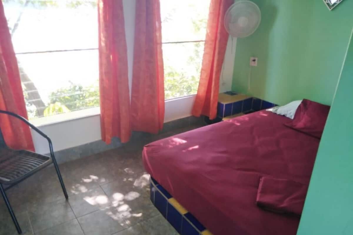 A room with a bed, a chair, a fan, and a window with curtains.